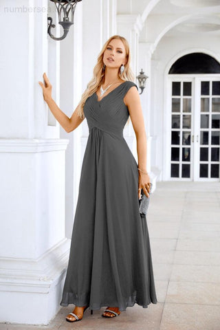 Ladies Chiffon V Neck Sleeveless Floor Length Bridesmaid Evening Dress Wedding Party Evening Dress 28126-numbersea