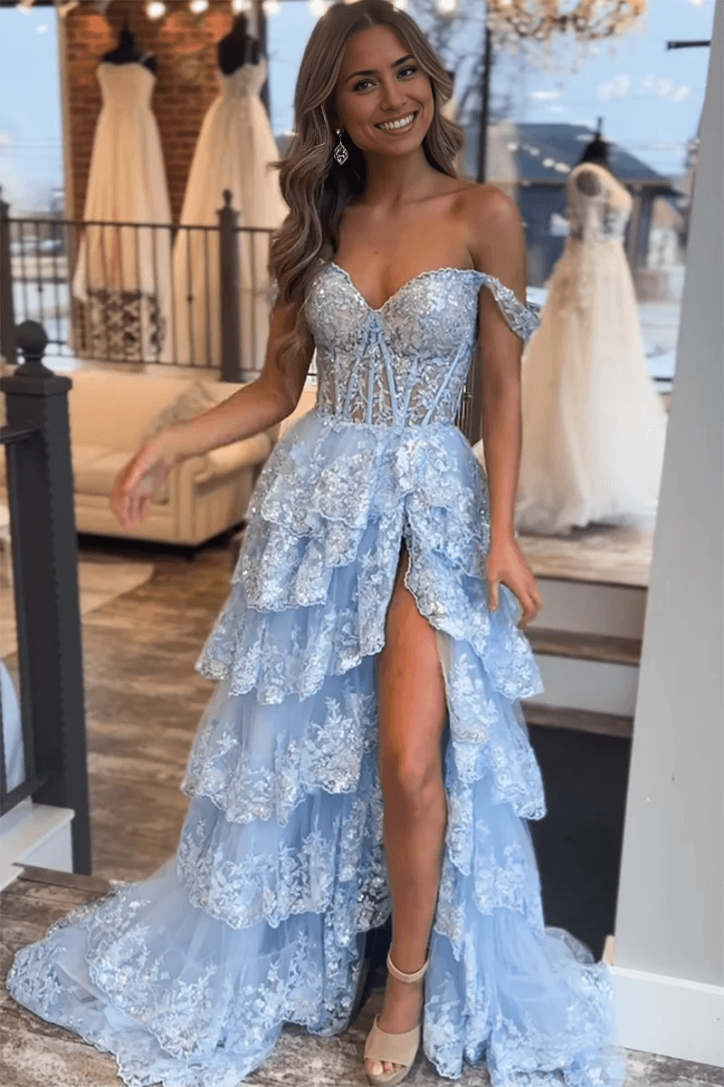 Vestido de fiesta princesa línea A con hombros descubiertos y corsé con encaje