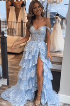 Vestido de fiesta princesa línea A con hombros descubiertos y corsé con encaje