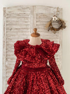 Vestido de niña burdeos hasta la rodilla de terciopelo con lentejuelas 