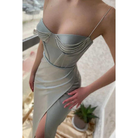Sweetheart Spaghetti Straps Beaded Ruched Prom Dress With Slit