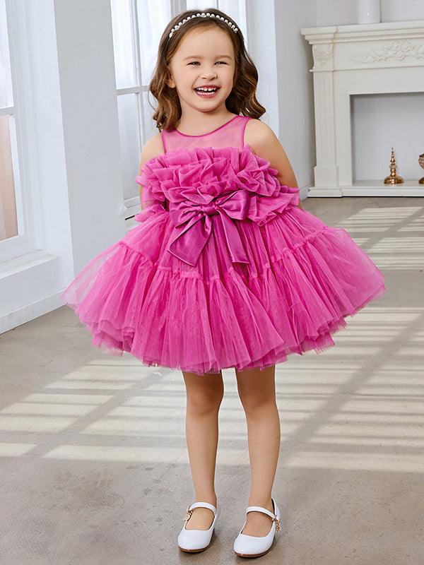 Vestido de niña de flores de tul rosa, sin mangas, con lazo, estilo princesa (010224355) 