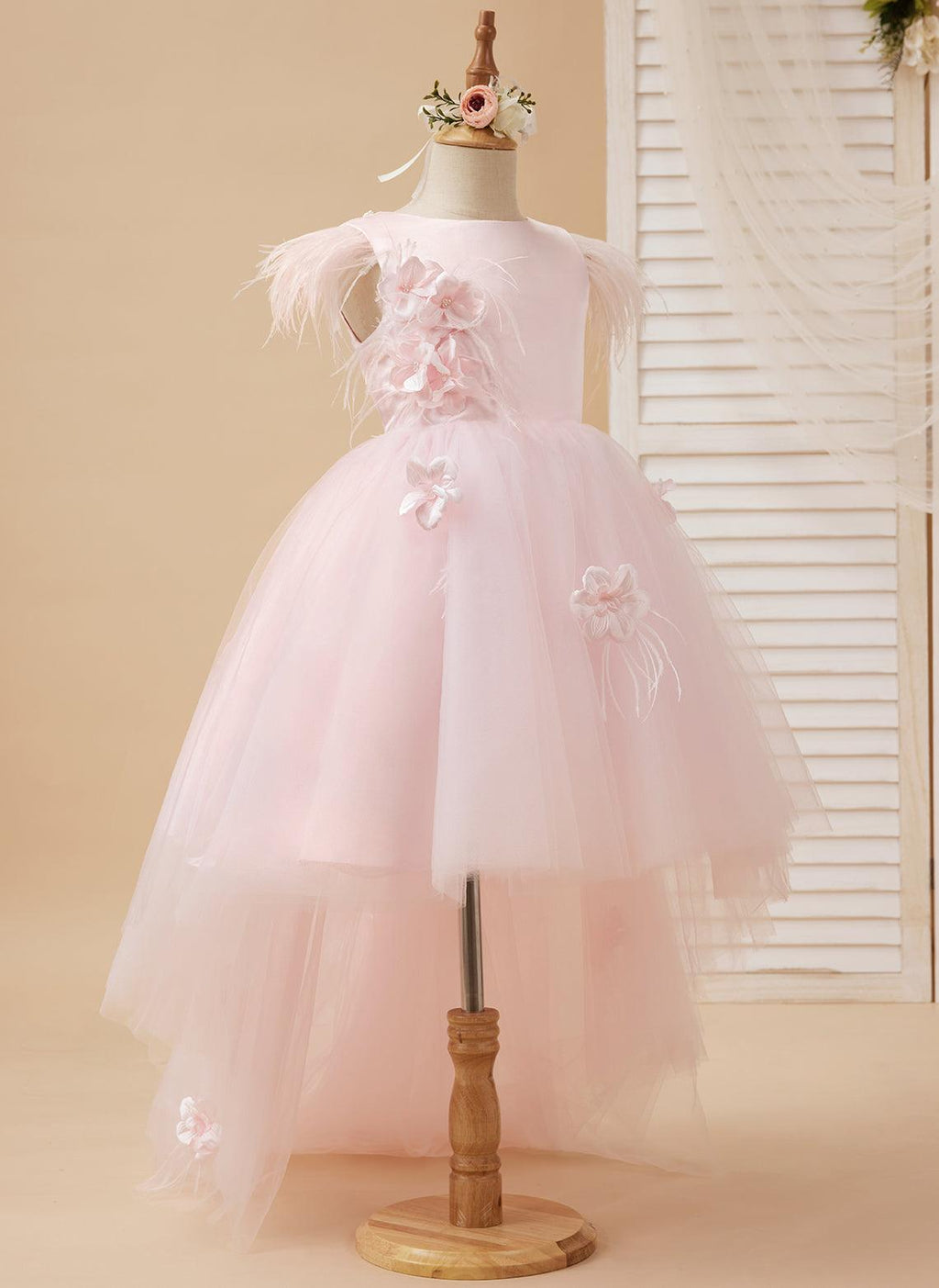 Vestido de princesa sin mangas de tul para niña de las flores con cuentas y lazo de plumas (010224704) 