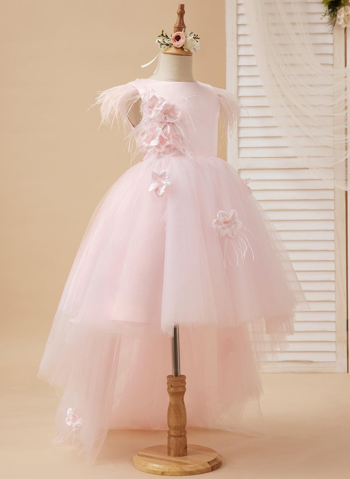 Vestido de princesa sin mangas de tul para niña de las flores con cuentas y lazo de plumas (010224704) 