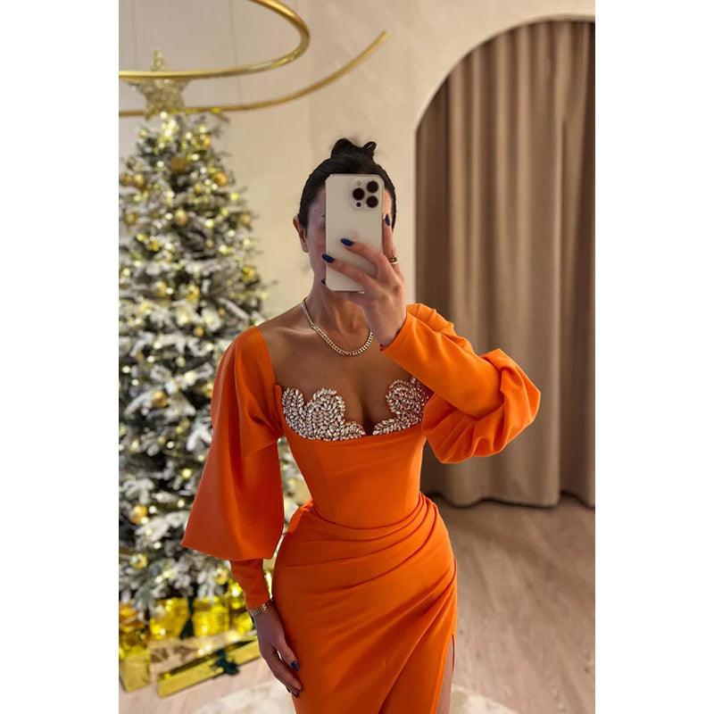 Vestido de fiesta formal, sencillo e informal, con escote en V, mangas largas y fruncido, con diamantes de imitación