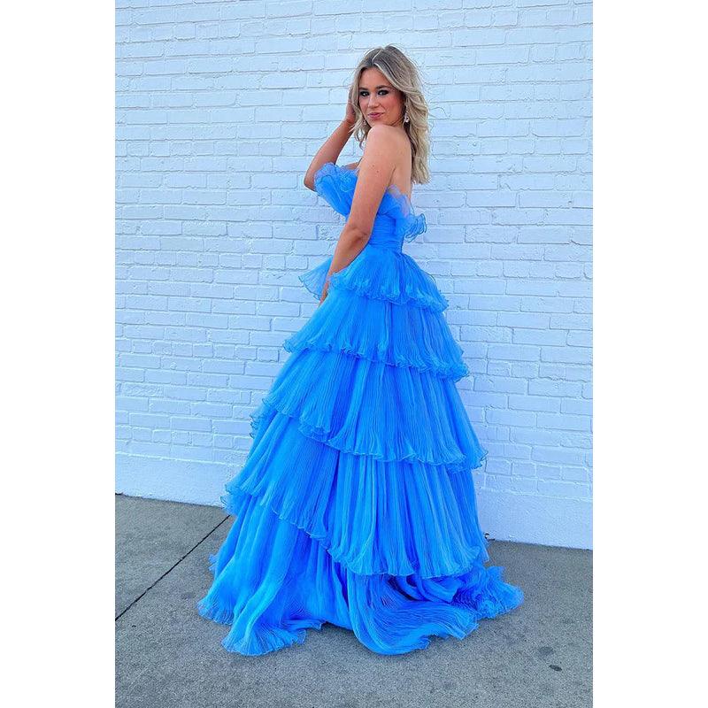 Vestido de fiesta largo de tul fruncido sin tirantes, corte A, con cola larga