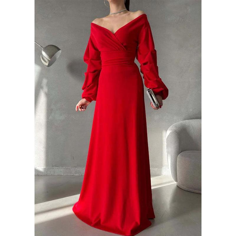 Vestido de fiesta largo sencillo con escote en V, hombros descubiertos y mangas abullonadas 