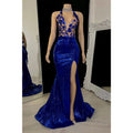 Vestido de fiesta de sirena con escote en V pronunciado, apliques y abertura lateral 