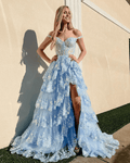 Vestido de fiesta princesa línea A con hombros descubiertos y corsé con encaje