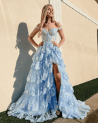 Vestido de fiesta princesa línea A con hombros descubiertos y corsé con encaje