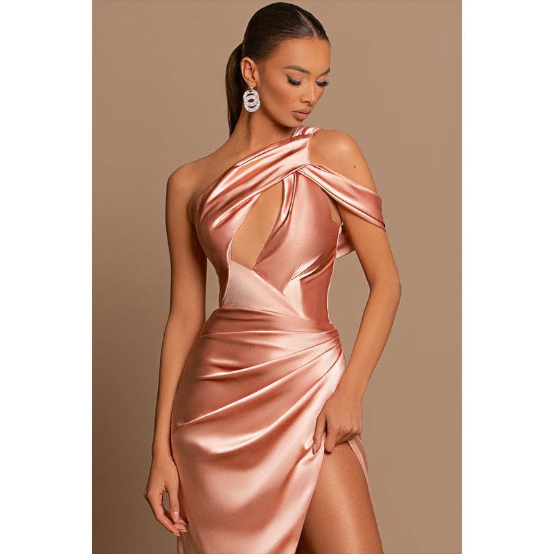Etui-Linie/Säule Eine Schulter Plissee Satin Langes Abendkleid 