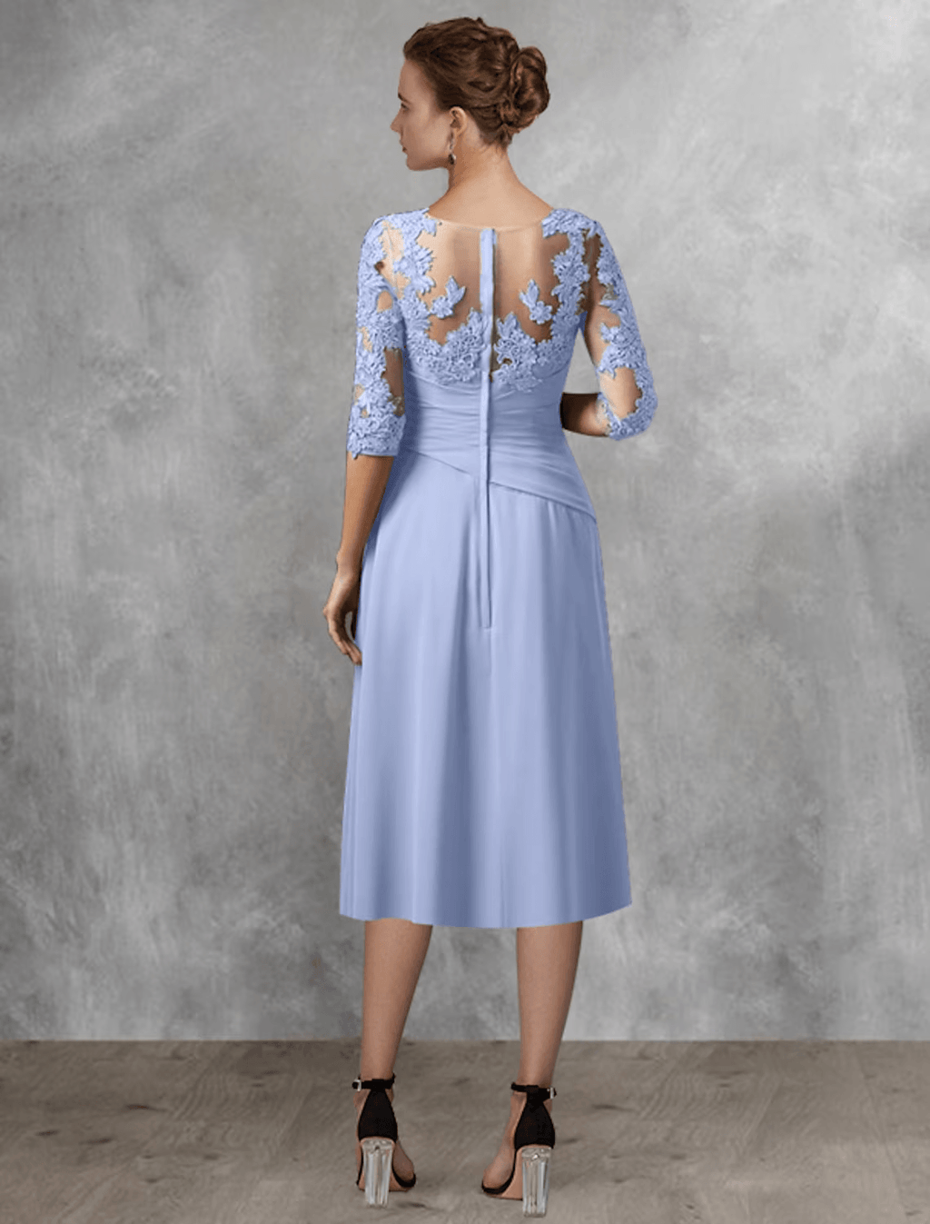 Zweiteiliges A-Linien-Kleid für die Mutter der Braut, Hochzeitsgast, eleganter quadratischer Ausschnitt, wadenlang, Chiffon, Spitze, halbe Ärmel, Wickeldesign inklusive Applikationen, seitlich drapiert