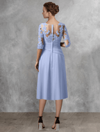 Zweiteiliges A-Linien-Kleid für die Mutter der Braut, Hochzeitsgast, eleganter quadratischer Ausschnitt, wadenlang, Chiffon, Spitze, halbe Ärmel, Wickeldesign inklusive Applikationen, seitlich drapiert