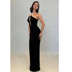 Vestido de noche largo de satén negro con cuello halter y cuentas único 