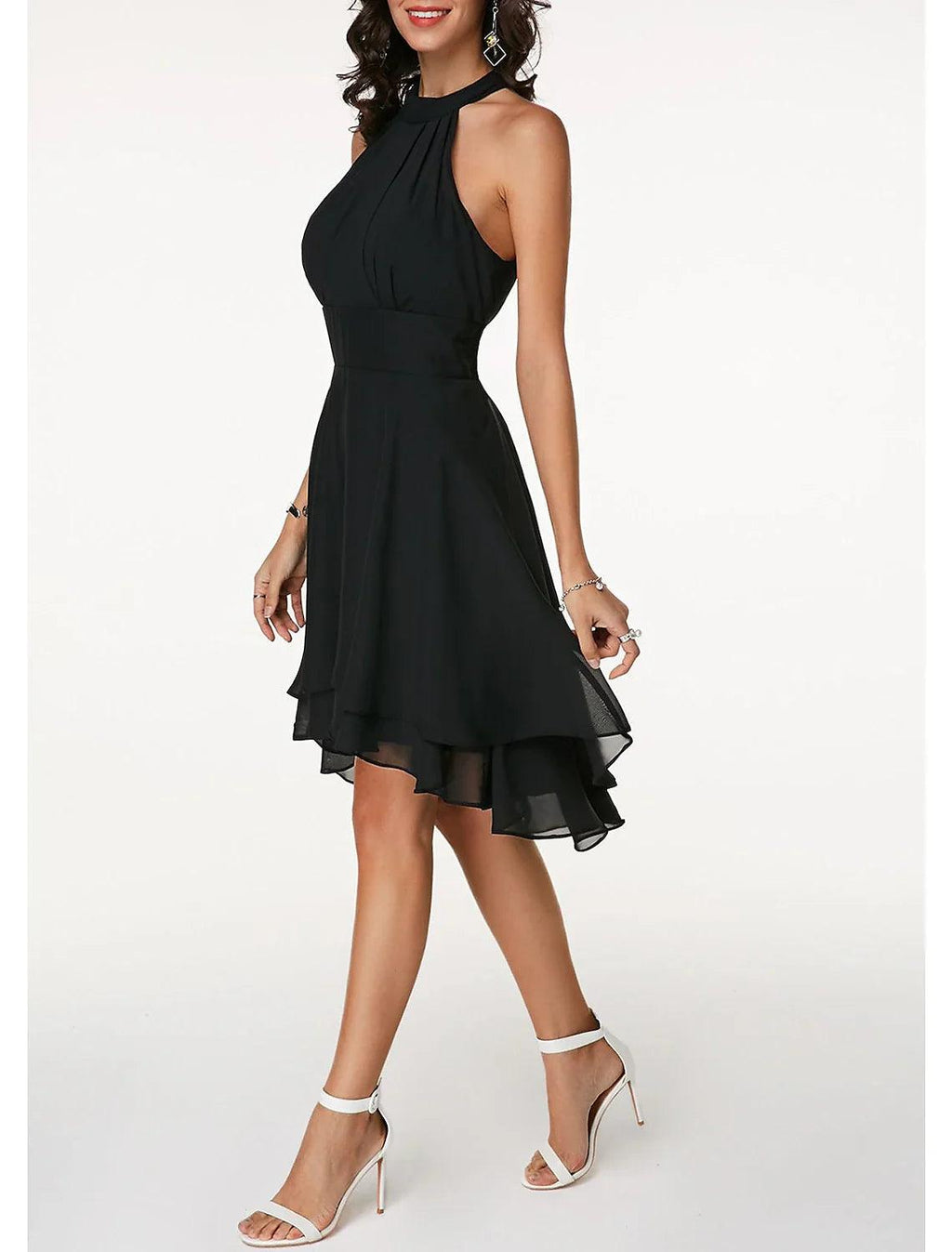 Vestido de fiesta elegante con capas, de gasa, sin mangas, hasta la rodilla, con escote en V y espalda en V para invitados de boda