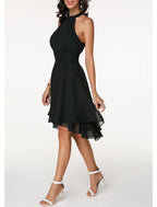 Vestido de fiesta elegante con capas, de gasa, sin mangas, hasta la rodilla, con escote en V y espalda en V para invitados de boda