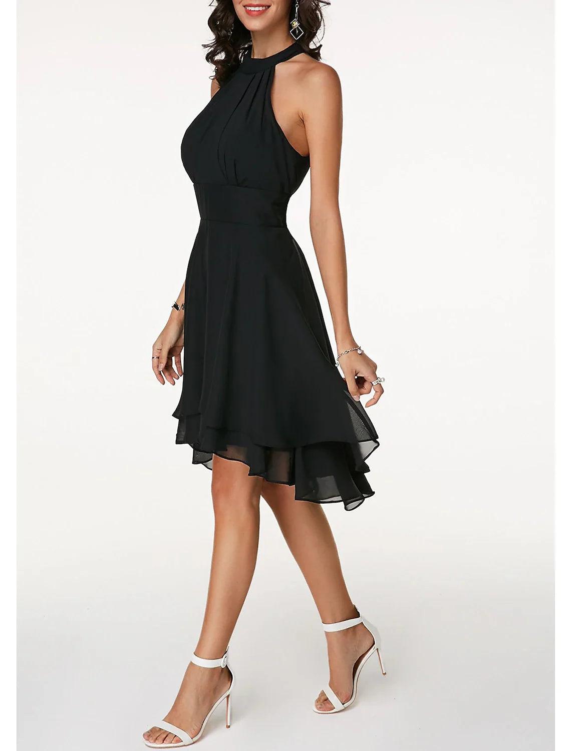 Vestido de fiesta elegante con capas, de gasa, sin mangas, hasta la rodilla, con escote en V y espalda en V para invitados de boda