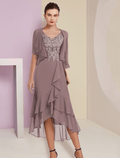 Two Piece A-Line Mother of the Bride Dress Formal Wedding Guest Elegant High Low V Neck Asymmetrical Tea Length Chiffon Lace Short Sleeve 3/4 Length Sleeve Wrap Included with Appliques