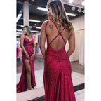 Vestido formal de noche con escote en forma de corazón, lentejuelas y abertura para graduación