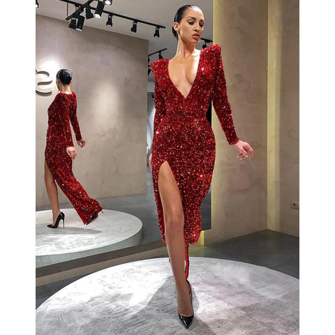Plunging V-neck Long Sleeves Sequins Sparkly Pro Dress with Slit