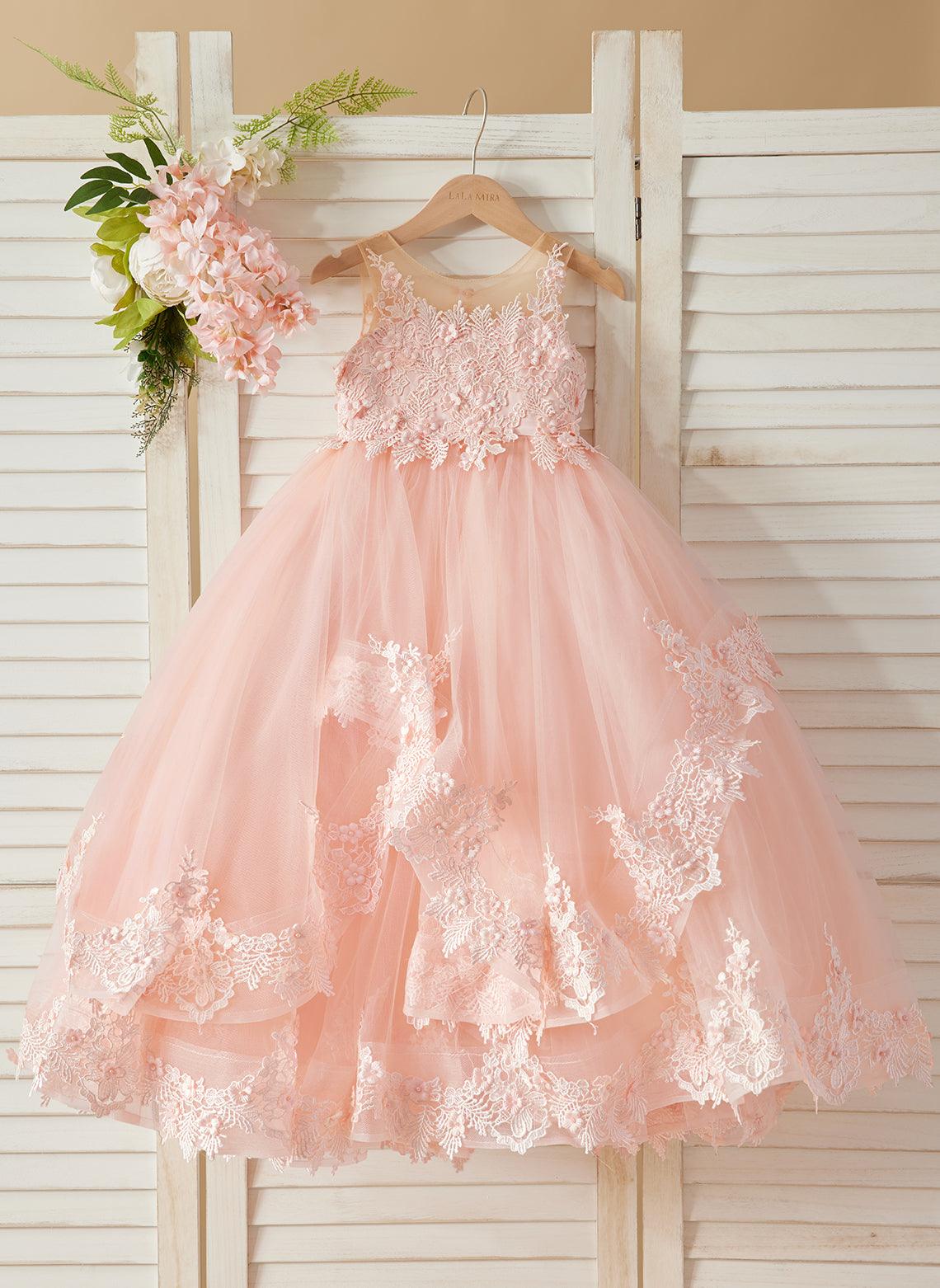 Vestido de princesa de tul sin mangas con apliques de encaje y cola larga para niñas 