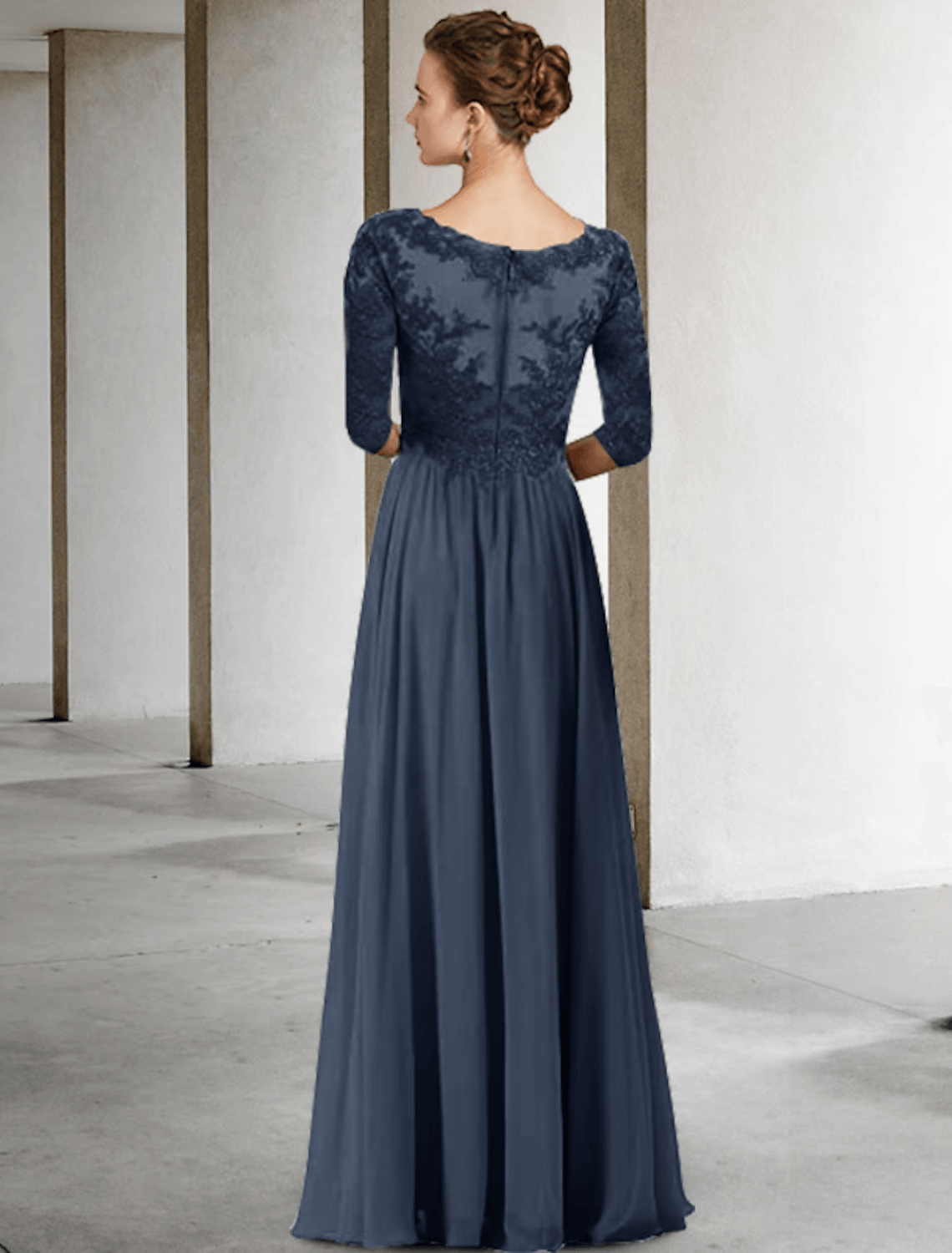 Zweiteiliges A-Linien-Kleid für die Brautmutter in Übergröße, elegant, hoher Tiefausschnitt, V-Ausschnitt, asymmetrisch, bodenlang, Chiffon, Spitze, halbe Ärmel, Wickeljacke inklusive, Kleider mit Faltenapplikationen