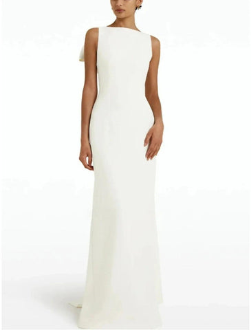 Wedding Guest Dress Sleeveless Elegant Dress Bow Tie Dress Formal Floor Length Jewel Neck Stretch Fabric Evening Dresses