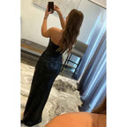 Vestido de noche largo sin tirantes, sin mangas, con lentejuelas y abertura