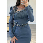 Unique Beaded Round A-line Chiffon Dusty Blue Long Prom Dress Evening Gown