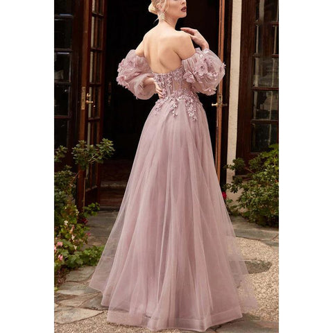 Sweetheart Long Sleeves Floral Appliqued Tulle A-Line Long Prom Evening Dress