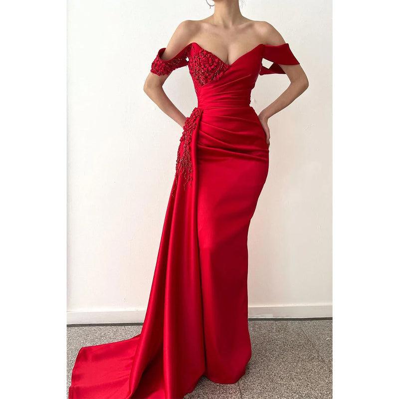 Sheath Off Shoulder Beaded Red Satin Long Prom Dress Evening Gown