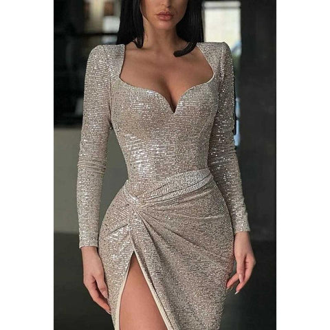 Square Neck Sequined Ruched Sheath Long Prom Evening Dress With Slit