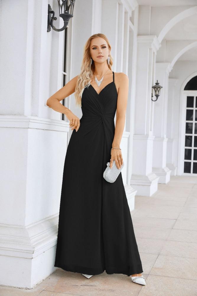 Ladies Chiffon Spaghetti Strap V Neck Front Slit Floor Length Bridesmaid Evening Dress Prom Party Wedding Evening Dress 28116-numbersea