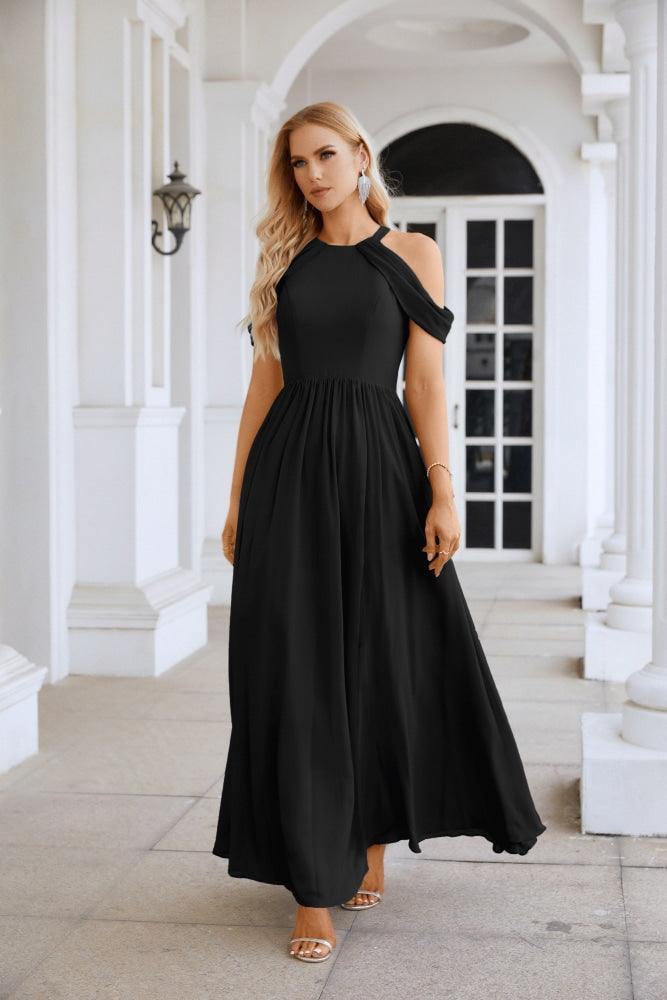 Ladies Chiffon Off Shoulder Swing Sleeve Front Slit Bridesmaid Evening Dress Wedding Party Evening Dress 28117-numbersea