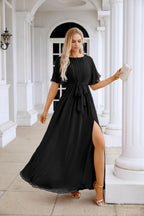 Ladies Chiffon Sleeve Crew Neck Front Slit Floor Length Bridesmaid Evening Dress Wedding Party Evening Dress 28124-numbersea