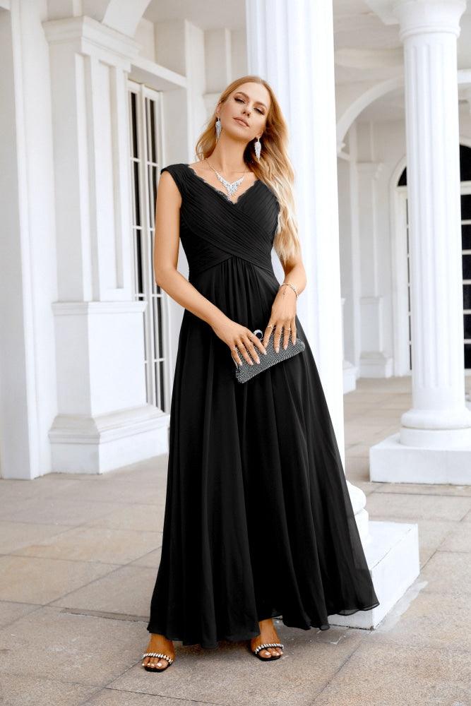 Ladies Chiffon V Neck Sleeveless Floor Length Bridesmaid Evening Dress Wedding Party Evening Dress 28126-numbersea