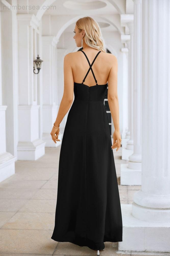 Ladies Chiffon Spaghetti Strap V Neck Front Slit Floor Length Bridesmaid Evening Dress Prom Party Wedding Evening Dress 28116-numbersea
