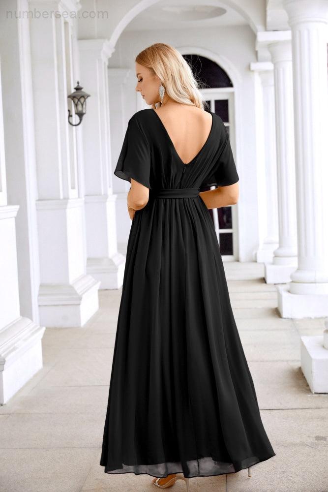 Ladies Chiffon Sleeve Crew Neck Front Slit Floor Length Bridesmaid Evening Dress Wedding Party Evening Dress 28124-numbersea
