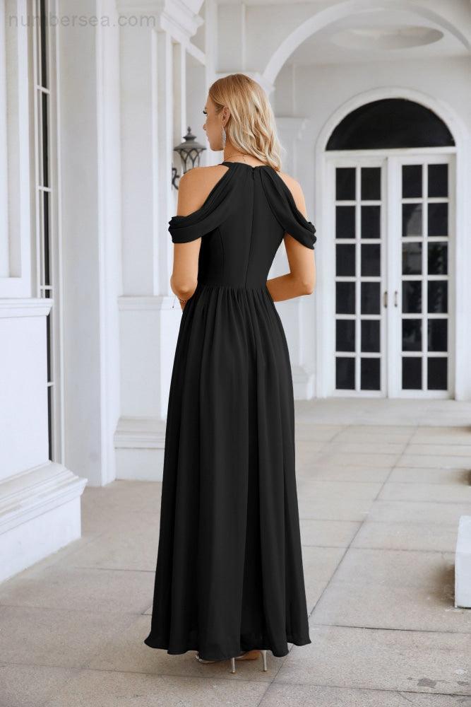 Ladies Chiffon Off Shoulder Swing Sleeve Front Slit Bridesmaid Evening Dress Wedding Party Evening Dress 28117-numbersea