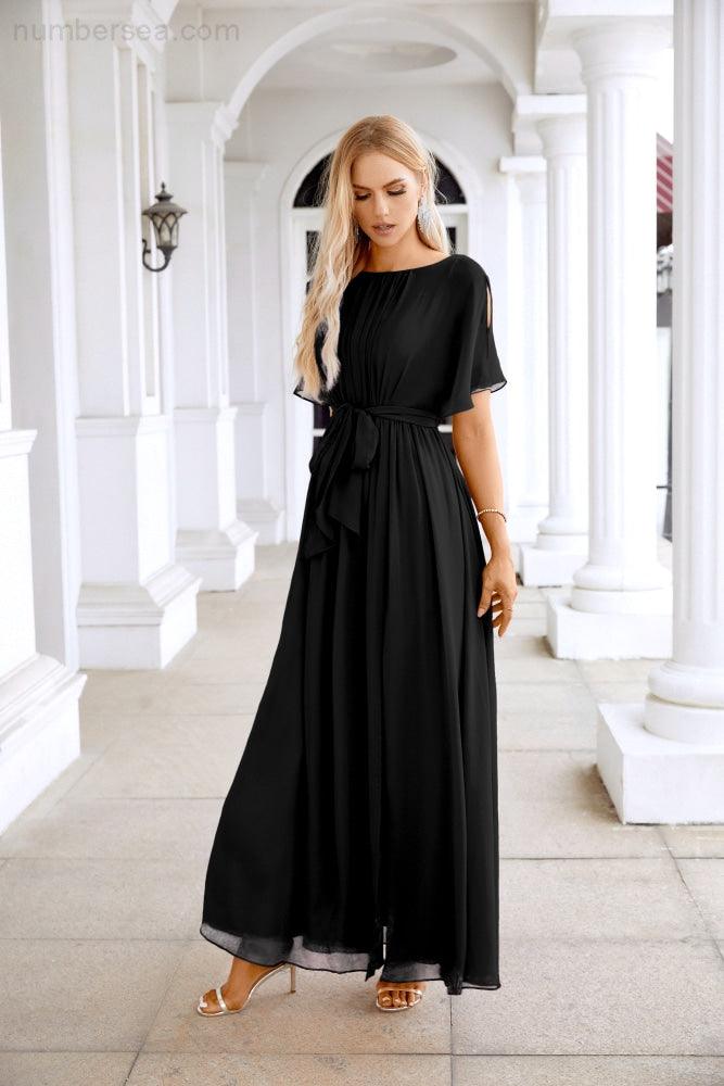 Ladies Chiffon Sleeve Crew Neck Front Slit Floor Length Bridesmaid Evening Dress Wedding Party Evening Dress 28124-numbersea