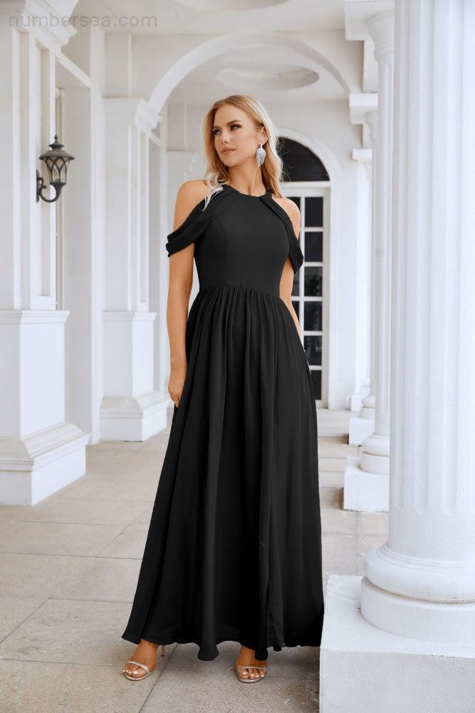 Ladies Chiffon Off Shoulder Swing Sleeve Front Slit Bridesmaid Evening Dress Wedding Party Evening Dress 28117-numbersea