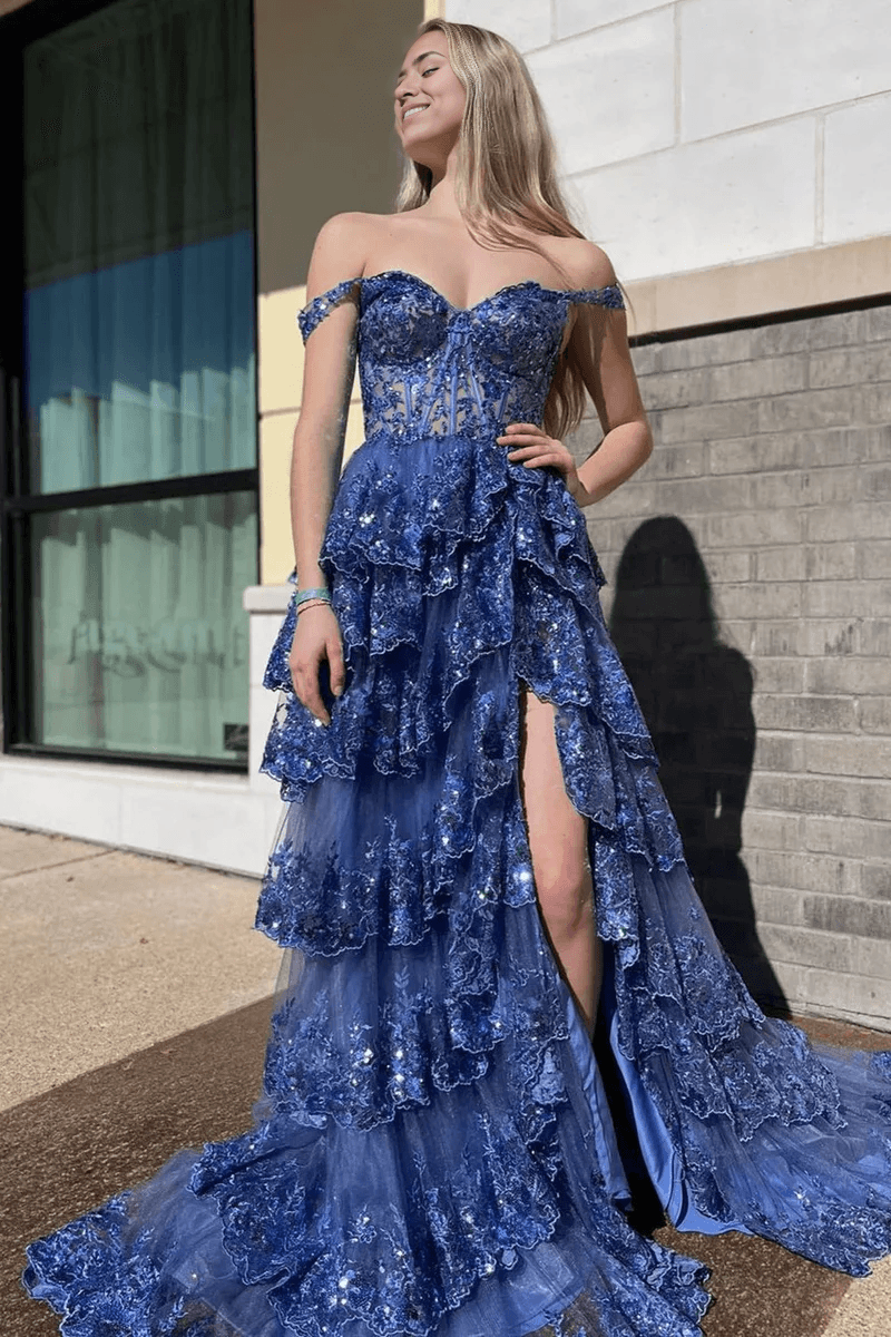 Vestido de fiesta princesa línea A con hombros descubiertos y corsé con encaje
