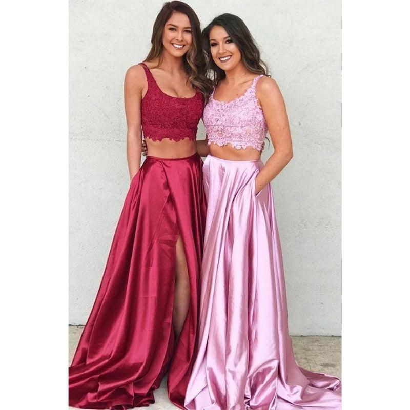 Burgunderrotes, zweiteiliges Ballkleid aus Satin mit Spitzenoberteil und Doppelträgern und Taschen 