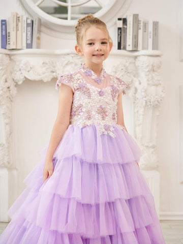 Lila Prinzessinnen-Ballkleid aus Tüll mit Blumenapplikationen und Perlen für Mädchen 