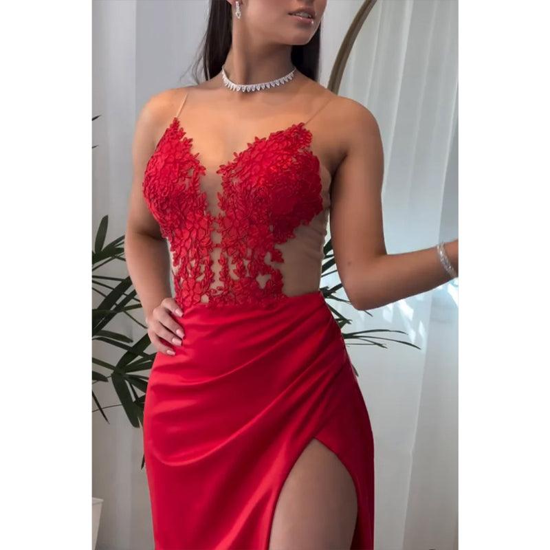 V-neck Spaghetti Straps Appliques with Side Slit Party Prom Evening Dress