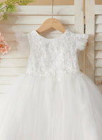 Vestido de princesa color marfil con apliques de encaje y cola de tul para niñas 
