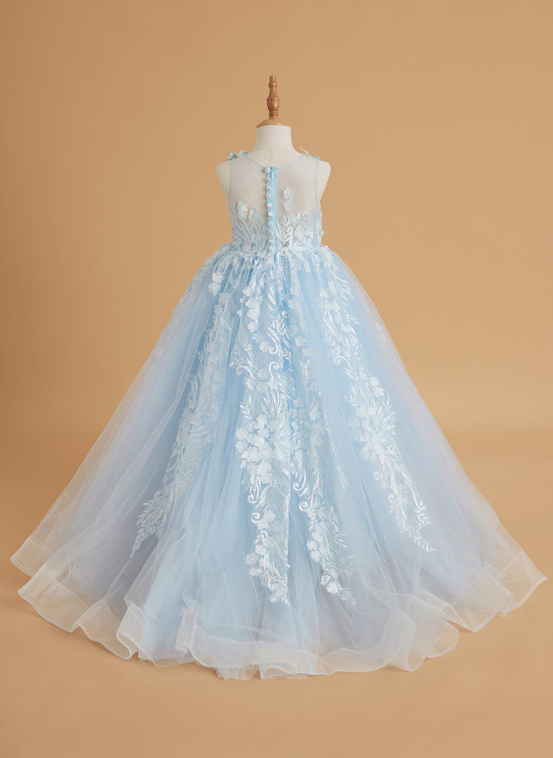Vestido de princesa rosa para niña con apliques de encaje 