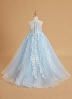 Vestido de princesa rosa para niña con apliques de encaje 