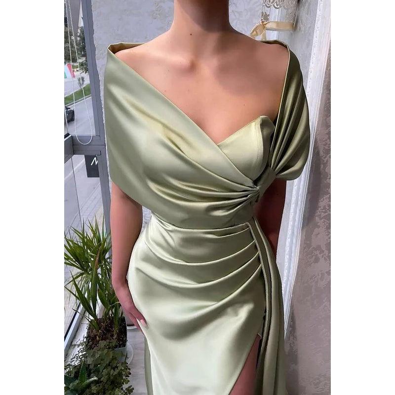 Vestido de noche formal de satén fruncido sin mangas con escote en V y corte tubo/columna