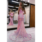 Plunging V-neck Bone Sequins Pink Long Prom Dress Glitter